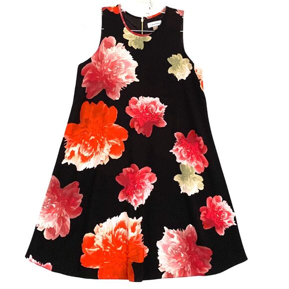 Calvin Klein Floral Carnation Sleeveless A-line Flowy Dress Black Pink Size 4 - Picture 8 of 10